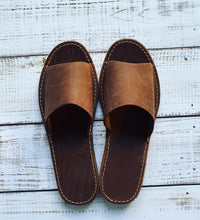 Load image into Gallery viewer, Leather Open Toe Slippers in Chocolate - JosieBear