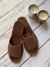 Load image into Gallery viewer, Leather Open Toe Slippers in Chocolate - JosieBear